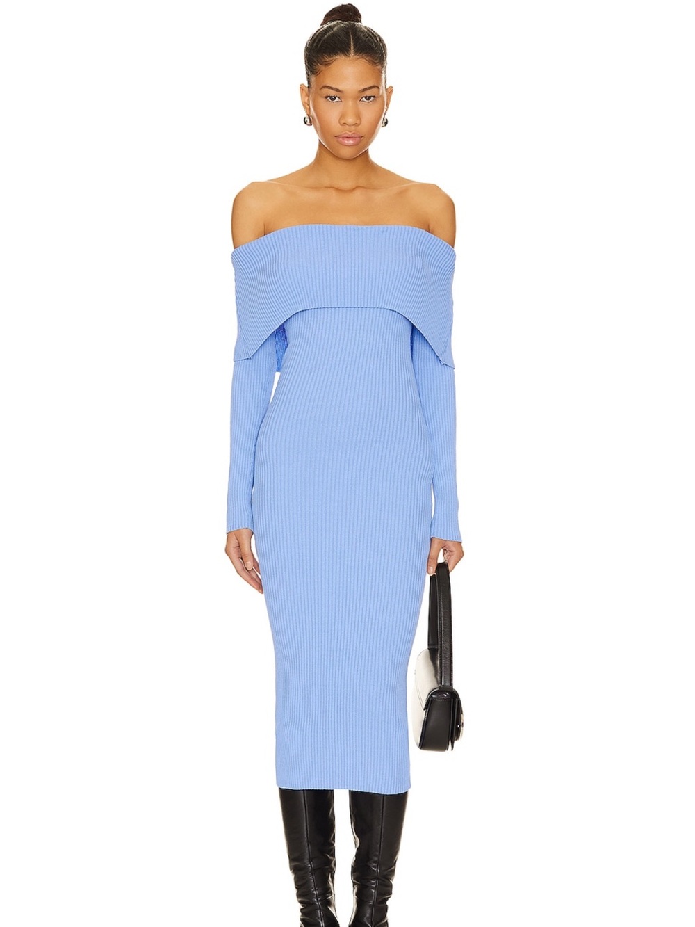 superdown Off-Shoulder Ribbed Maxi Dress in Light Blue